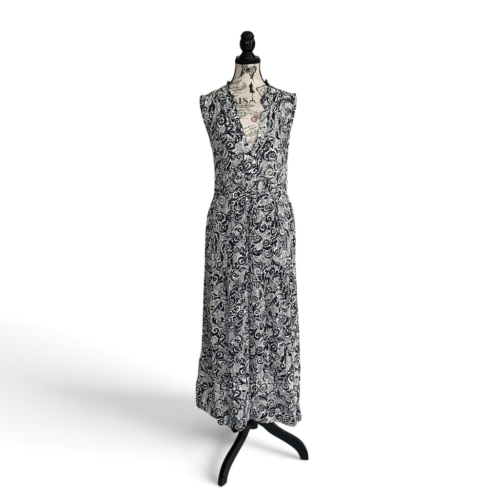 Maeve Maxi Dress Womens Large Navy Blue White Paisley Ruffle V-Neck Sleeveless